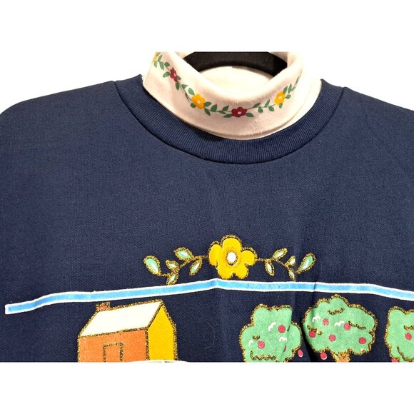 Vintage Act II Farm Scene Sweatshirt XL Navy Blue 100% Acrylic Made In USA - Picture 7 of 12